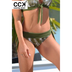 Kép 2/3 - Zöld pálmás, hagyományos fazonú, derékpántos, megkötős bikini alsó.