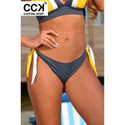 Kép 2/3 - Szürke-fehér-sárga, oldalt megkötős, hagyományos fazonú tricolor bikini alsó.
