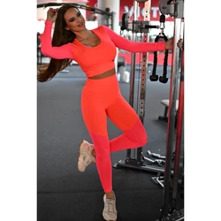 Kép 2/4 - Fitnesz jacquard mesh hosszú ujjú crop felső, neon korall (rio)