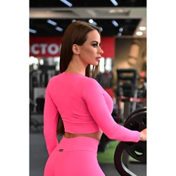Kép 3/3 - Fitnesz basic hosszú ujjú crop felső, V nyakú, pink (rosa shocking)