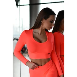 Kép 1/3 - Fitnesz basic hosszú ujjú crop felső, V nyakú, neon korall (rio)