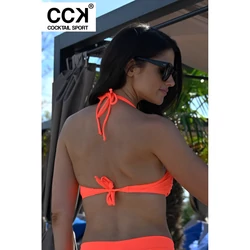 Kép 3/3 - Neon korall (rio) basic, csík fazonú bikini felső