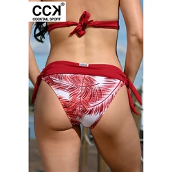 Kép 1/3 - Fehér-bordó pálmás, hagyományos fazonú, derékpántos, megkötős bikini alsó.