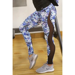 Kép 1/3 - Kék virágmintás tüllbetétes női fitness leggings