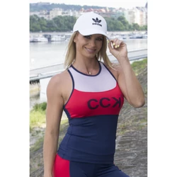 Kép 1/3 - SÖTÉTKÉK-PIROS-FEHÉR NŐI FITNESS MAGASNYAKÚ TÜLL ATLÉTA