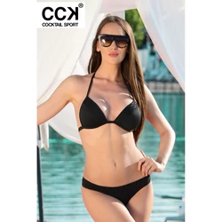 Kép 1/4 - Fekete, csipke betétes, vékonypántos push up háromszög bikini