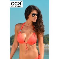 Kép 1/4 - Korall piros (neon), kellékes, push up háromszög formakosaras bikini felső