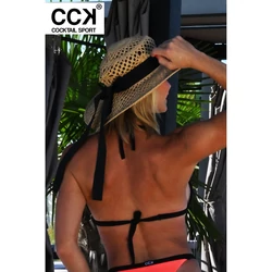 Kép 3/3 - Neon korall (rio) - fekete betétes vékonypántos push up háromszög bikini felső