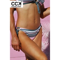 Kép 2/3 - Babarózsaszín - fehér - galambszürke csíkos, hagyományos fazonú, megkötős bikini alsó