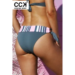 Kép 1/3 - Babarózsaszín - fehér - galambszürke csíkos, hagyományos fazonú, derékpántos, megkötős bikini alsó.