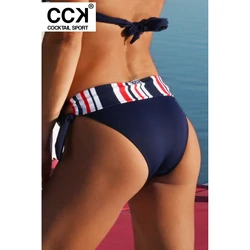 Kép 1/3 - Sötétkék - fehér - piros matróz csíkos, hagyományos fazonú, derékpántos, megkötős bikini alsó.