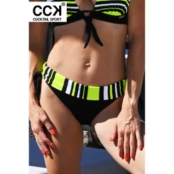 Kép 2/3 - Fekete - fehér - neonzöld csíkos, hagyományos fazonú, derékpántos, megkötős bikini alsó.