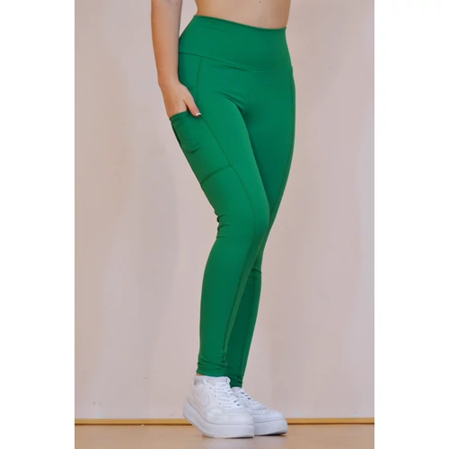 Zsebes, basic magasderekú női fitness sport leggings, fűzöld
