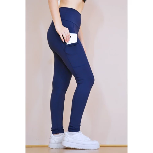 Zsebes, basic magasderekú női fitness sport leggings, sötétkék