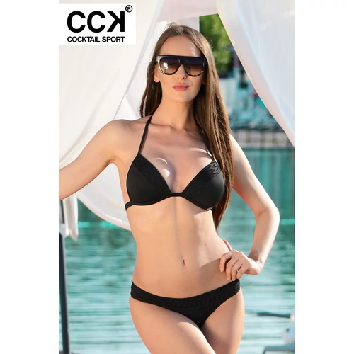 Fekete, csipke betétes, vékonypántos push up háromszög bikini
