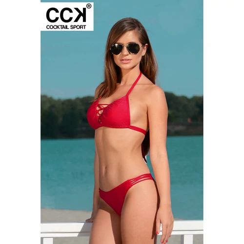 Piros, extra csillogós keresztpántos push up háromszög bikini