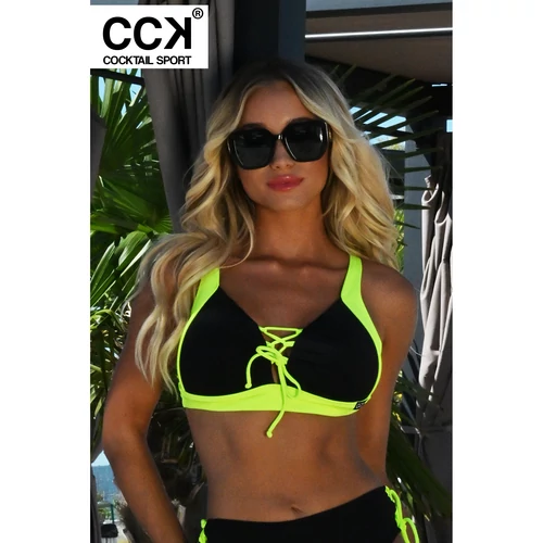 Fekete - neon zöld basic, alul és oldalt széles pántos, állítható vállpántos, push up B formakosaras háromszög bikini felső