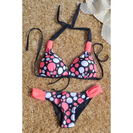 Szürke barack fehér vegyes pöttyös háromszög bikini, brazil tangával