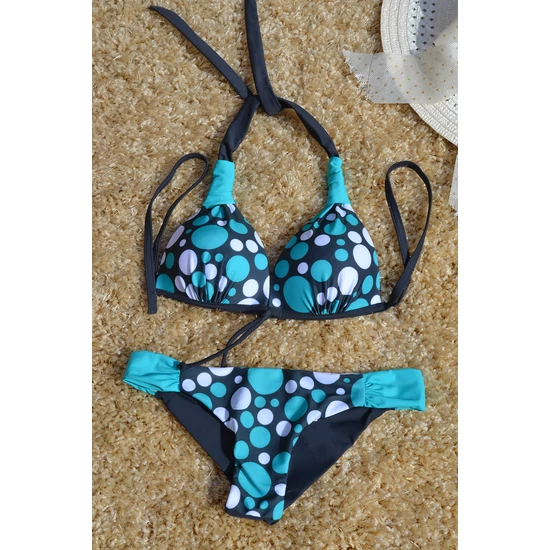 Szürke menta fehér vegyes pöttyös háromszög bikini, brazil tangával