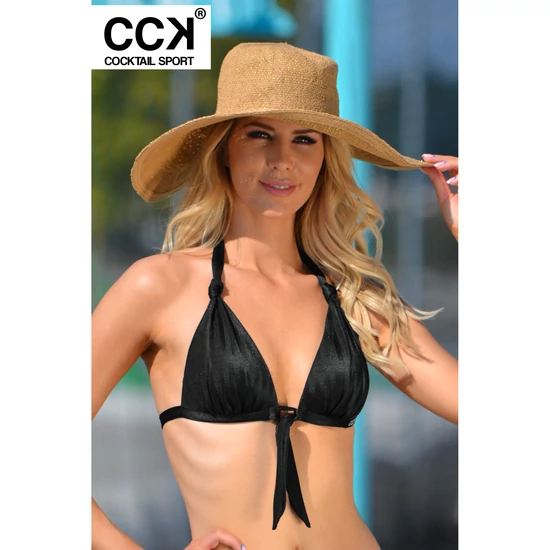 Fekete fényes, anyagában cikk-cakk mintás, push up háromszög bikini felső
