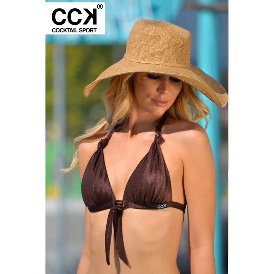 Barna fényes, anyagában cikk-cakk mintás, push up háromszög bikini felső