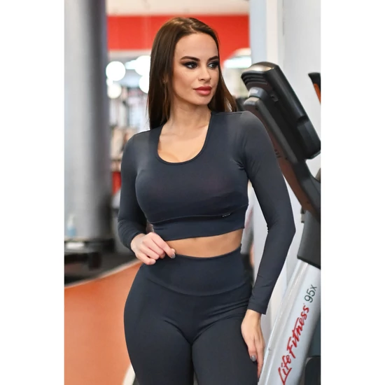 Fitnesz jacquard mesh hosszú ujjú crop felső, grafitszürke