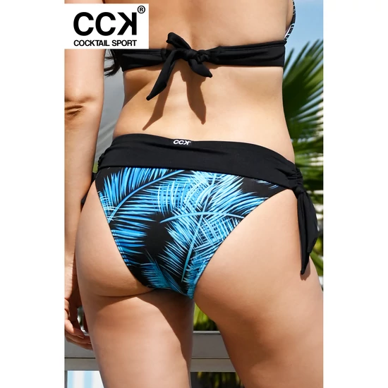 Fekete-türkizkék pálmás, hagyományos fazonú, derékpántos, megkötős bikini alsó.