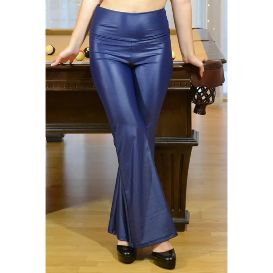 Sötétkék extra fényes, csiszolt, magasderekú, bő szárú leggings