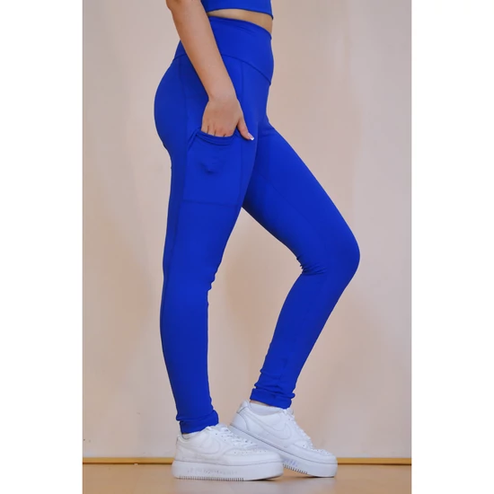 Zsebes, basic magasderekú női fitness sport leggings, királykék
