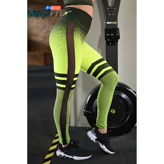 Melange neon sárga-fekete tüll betétes női fitnesz boka nadrág