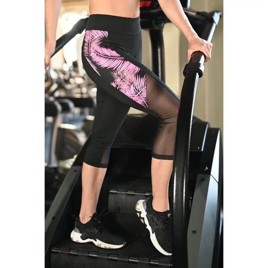 FEKETE-PINK PÁLMALEVELES NŐI FITNESS TÜLL HULLÁM CAPRI