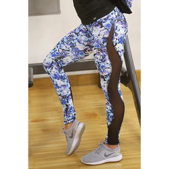 Kék virágmintás tüllbetétes női fitness leggings