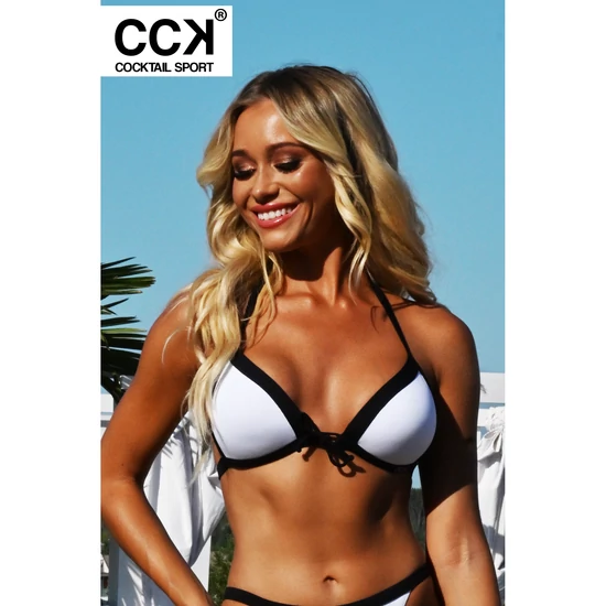 Fehér - fekete betétes vékonypántos push up háromszög bikini felső