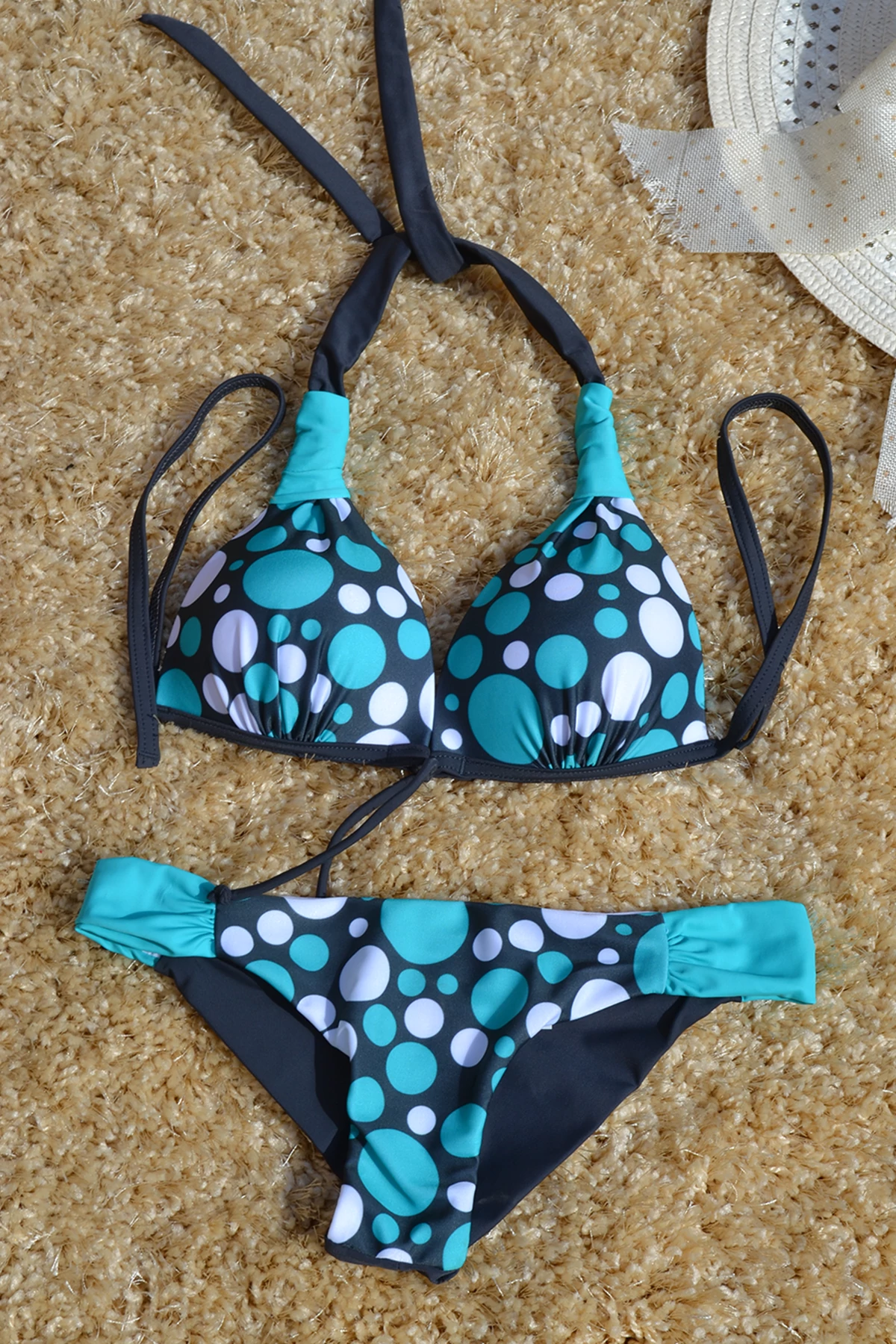 Szürke menta fehér vegyes pöttyös háromszög bikini, brazil tangával