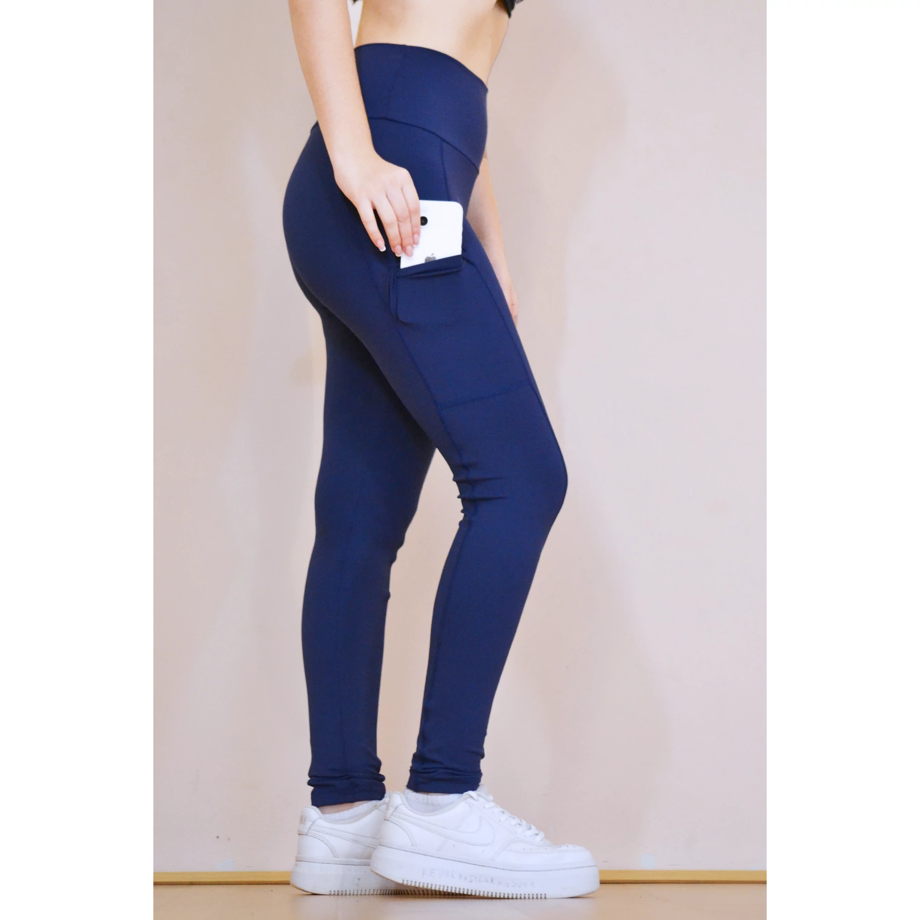 Zsebes, basic magasderekú női fitness sport leggings, sötétkék